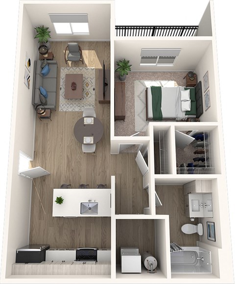 A 3D floor plan of a small apartment with a kitchen, living room, and bedroom.